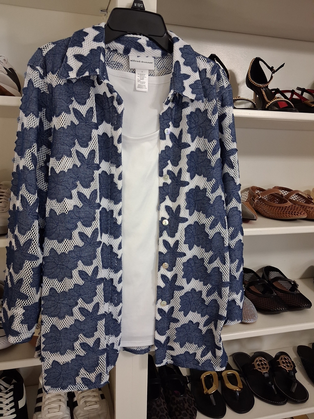 Alfred Dunner Navy and White Floral Lace Button-Up Blouse